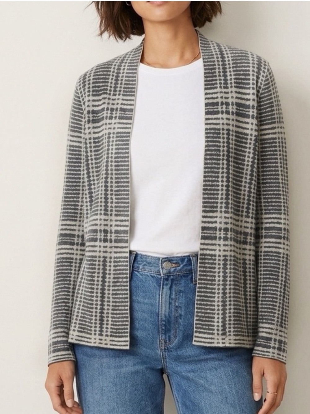 Eileen Fisher Grey Merino Wool Cardigan Size Small Abstract Plaid Print